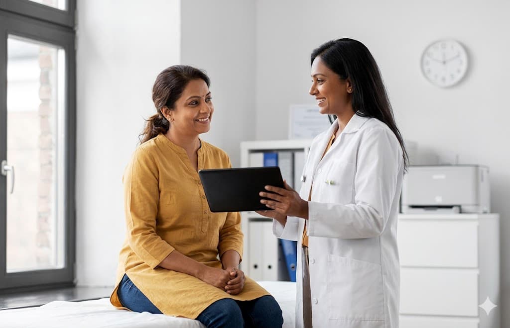 Doctor reviewing care details with a patient on a tablet