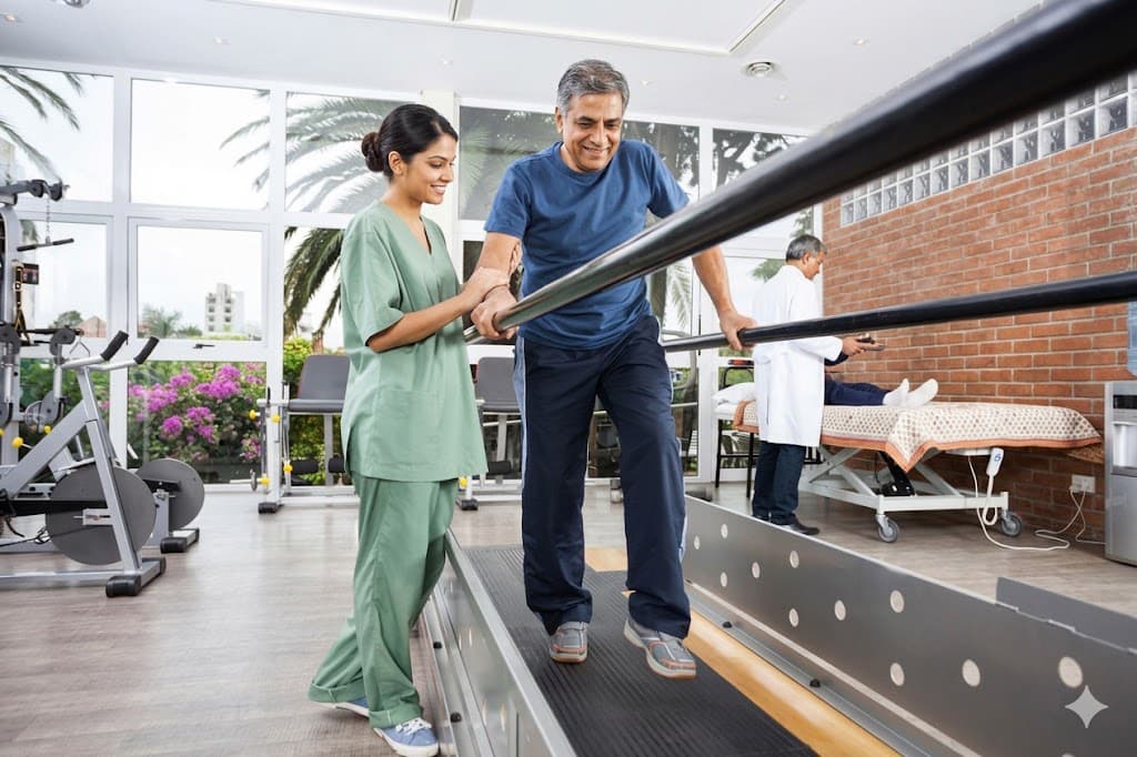 Physiotherapist guiding a patient through gait training on parallel bars