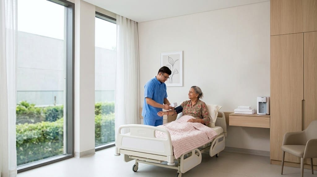 Pranodha Care nurse checking an elderly patient's blood pressure in a bright recovery room