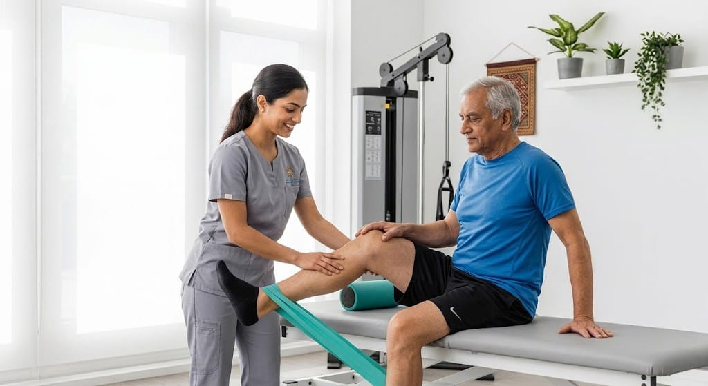 Physiotherapist guiding an elderly patient through knee rehabilitation exercises