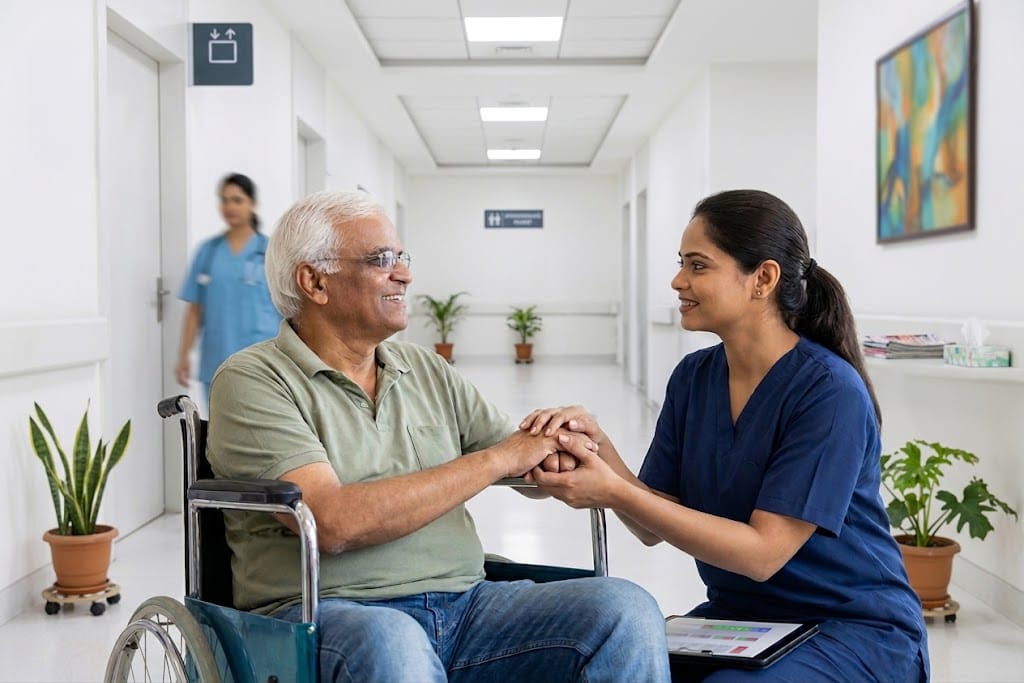 Nurse holding hands with an elderly patient in a wheelchair during recovery