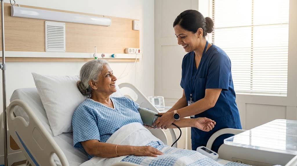Nurse monitoring an elderly patient's blood pressure during post-ICU recovery