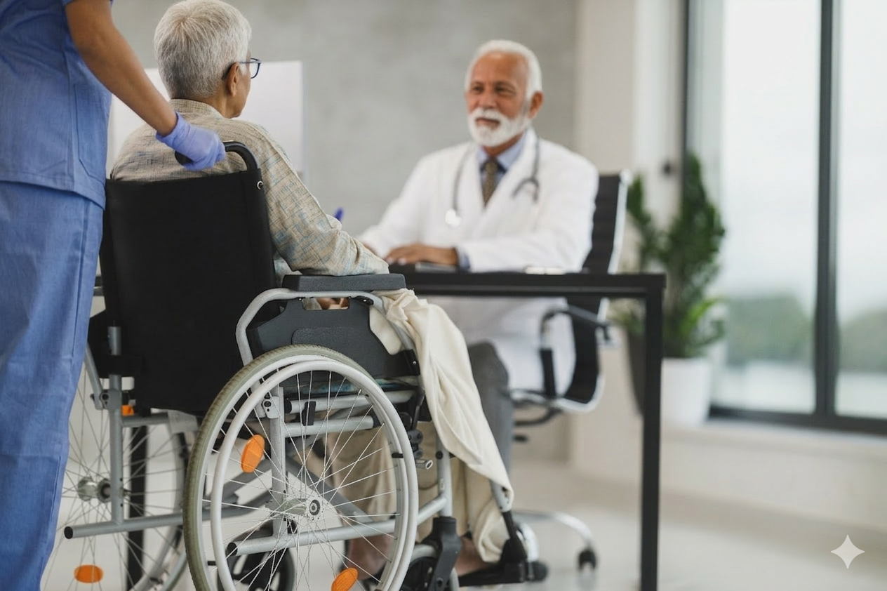 Caregiver with elderly patient in rehabilitation